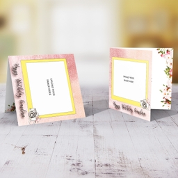 Photo birthday card for Grandma in pink background and yellow photo frame in English