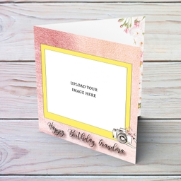 Photo birthday card for Grandma in pink background and yellow photo frame in English