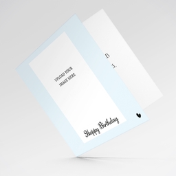 Light blue background photo birthday card in English with small black heart 