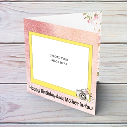 Photo birthday card for mother-in-law in pink background and yellow photo frame in English