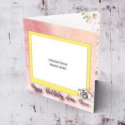 Photo birthday card for niece in pink background and yellow photo frame in English