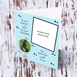 A  light blue background photo card for Son - You mean the world to us  - with scattered hearts and a globe in English