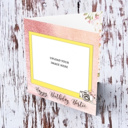 Photo birthday card for your Bestie in pink background and yellow photo frame in English