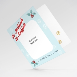 Boss photo Christmas card with light blue background, christmas hollies, and scattered white snowflakes in Maltese