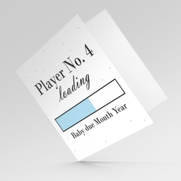 Baby Loading Player No 4 themed (in light blue) baby/pregnancy announcement personalisable card in English