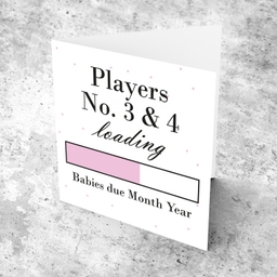 Baby Loading TWINS - Players No3 &  4 themed (in light pink) baby/pregnancy announcement personalisable card in English