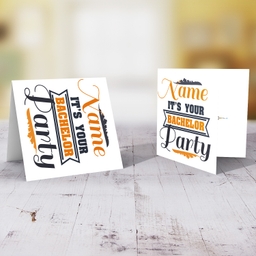 It's your bachelor Party card in dark blue and orange text in English (Personalisable)