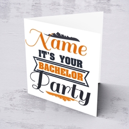 It's your bachelor Party card in dark blue and orange text in English (Personalisable)