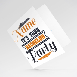 It's your bachelor Party card in dark blue and orange text in English (Personalisable)