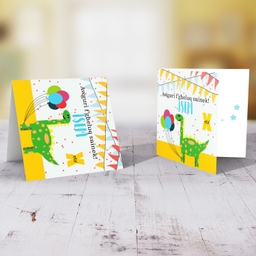 Dino themed birthday card with colourful bunting and balloons in Maltese (Personalisable)