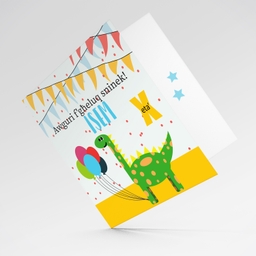 Dino themed birthday card with colourful bunting and balloons in Maltese (Personalisable)