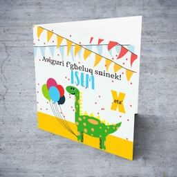 Dino themed birthday card with colourful bunting and balloons in Maltese (Personalisable)