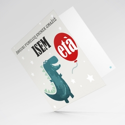 Dinosaur themed birthday card for boy holding red balloon in Maltese (Personalisalbe)