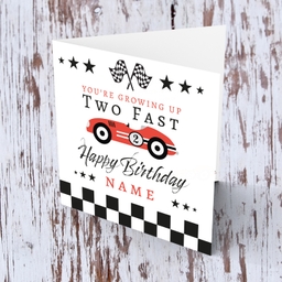 2 year old - Red Race Car themed birthday card in English (Personalisable) 