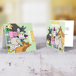 Farm animal themed birthday card in pastel green backgound in English (Personalisable & Neutral)