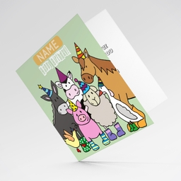 Farm animal themed birthday card in pastel green backgound in English (Personalisable & Neutral)