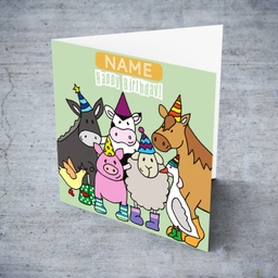 Farm animal themed birthday card in pastel green backgound in English (Personalisable & Neutral)