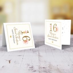 Sweet 16 birthday card in gold and light colours in English (Personalisable)