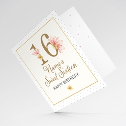 Sweet 16 birthday card in gold and light colours in English (Personalisable)