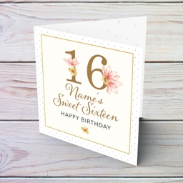 Sweet 16 birthday card in gold and light colours in English (Personalisable)