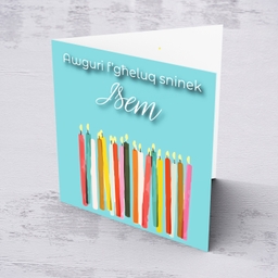 Candle themed birthday card in light blue / turquoise background in Maltese (Personalisable)