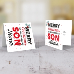 Son - Merry Christmas and a Happy New Year personalisable Xmas card with scattered red dots and Christmas Holly for Son in English