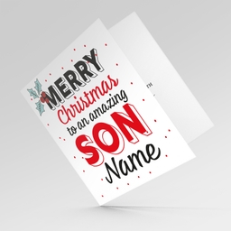 Son - Merry Christmas and a Happy New Year personalisable Xmas card with scattered red dots and Christmas Holly for Son in English