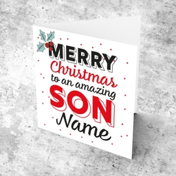 Son - Merry Christmas and a Happy New Year personalisable Xmas card with scattered red dots and Christmas Holly for Son in English