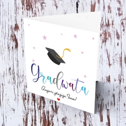 Colourful text Graduation card in Maltese (female & personalisable)