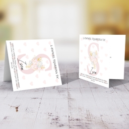 S - Initial First Holy Communion Card for Girls, with bible verse ĠW 6,35 and light pink heart background in Maltese