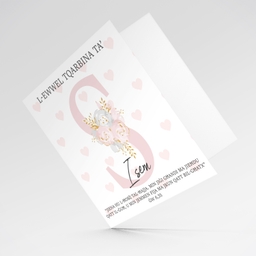 S - Initial First Holy Communion Card for Girls, with bible verse ĠW 6,35 and light pink heart background in Maltese