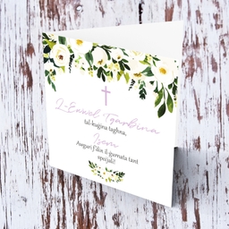 Cousin - White flower themed Holy Communion card for Cousin with purple cross in Maltese