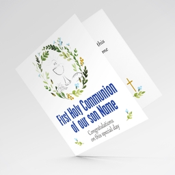 Floral wreath in blue tones personalisable Holy Communion Card for son in English