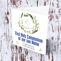 Floral wreath in blue tones personalisable Holy Communion Card for son in English