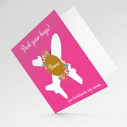 Surprise trip hen party / bachelorette card in pink background, with a white plane, flowers and personalisable in English