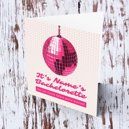 Pink disco ball bachelorette / hen party card in English (Personalisable)