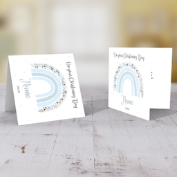 Cute floral rainbow in shades of light blue personalisable baptism / christening card for boys in English