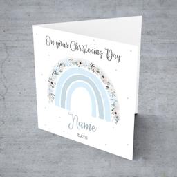 Cute floral rainbow in shades of light blue personalisable baptism / christening card for boys in English