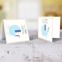 Blue pram themed baptism card with spotted frame/border in Maltese (Personalisable)