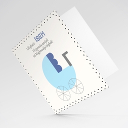 Blue pram themed baptism card with spotted frame/border in Maltese (Personalisable)