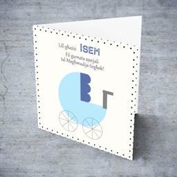 Blue pram themed baptism card with spotted frame/border in Maltese (Personalisable)