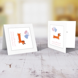 First mother's day personalisable card with cute sausage dog with 3 heart balloons in Maltese