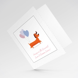 First mother's day personalisable card with cute sausage dog with 3 heart balloons in Maltese