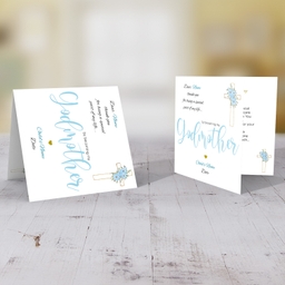 Baptism card for Godmother in light blue and black text with floral cross - Personalisable card