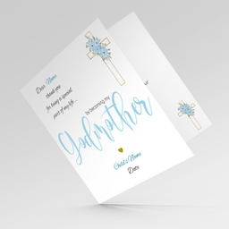 Baptism card for Godmother in light blue and black text with floral cross - Personalisable card