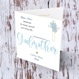 Baptism card for Godmother in light blue and black text with floral cross - Personalisable card