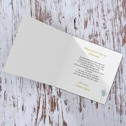 Baptism card for Godmother in light blue and black text with floral cross - Personalisable card