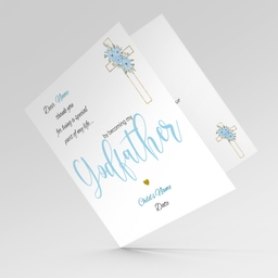 Baptism card for Godfather in light blue and black text with floral cross - Personalisable card