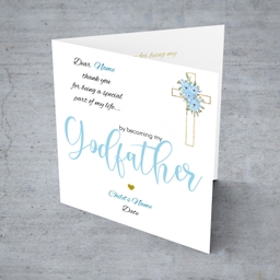 Baptism card for Godfather in light blue and black text with floral cross - Personalisable card