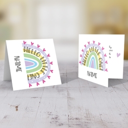 Rainbow themed new born personaliseable card for girls in English with text in rainbow